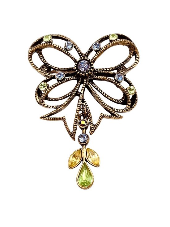 estate Jewelry - Vintage BOHO Bow Brooch Spring Green Purple Crystal Angel Fairy Whimsygoth 1960s